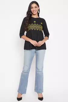 Black embroidered  viscose rayon party-tops