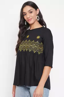 Black embroidered  viscose rayon party-tops