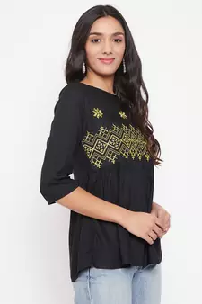 Black embroidered  viscose rayon party-tops