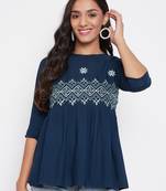 Navy blue embroidered viscose rayon party-tops