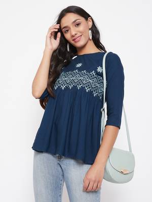 Navy blue embroidered viscose rayon party-tops 2