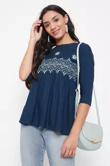 Navy blue embroidered viscose rayon party-tops
