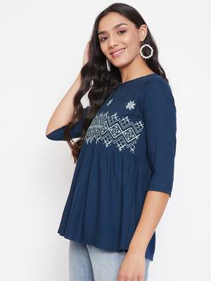 Navy blue embroidered viscose rayon party-tops 3