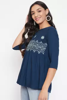 Navy blue embroidered viscose rayon party-tops