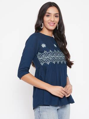 Navy blue embroidered viscose rayon party-tops 4