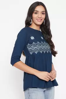 Navy blue embroidered viscose rayon party-tops