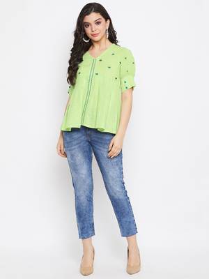Green embroidered cotton cotton-tops 2