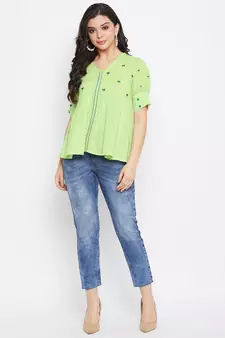 Green embroidered cotton cotton-tops