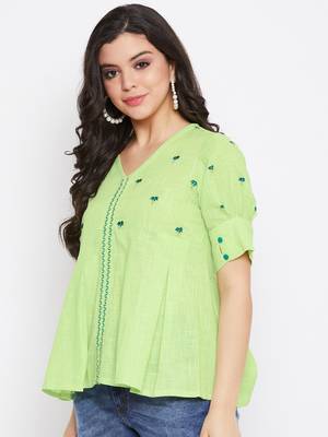 Green embroidered cotton cotton-tops 3