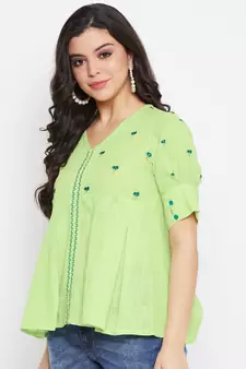 Green embroidered cotton cotton-tops