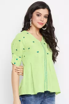 Green embroidered cotton cotton-tops