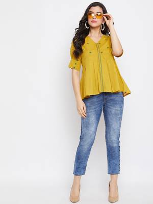 Mustard embroidered cotton cotton-tops 2