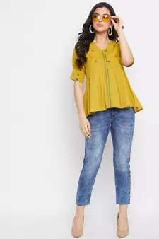 Mustard embroidered cotton cotton-tops