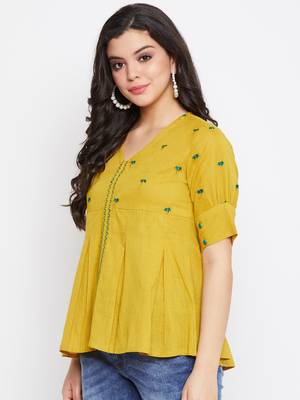 Mustard embroidered cotton cotton-tops 3