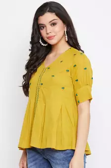 Mustard embroidered cotton cotton-tops