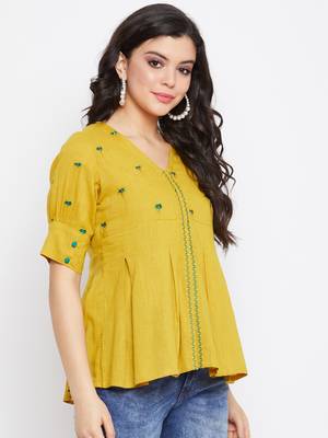 Mustard embroidered cotton cotton-tops 4