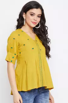 Mustard embroidered cotton cotton-tops