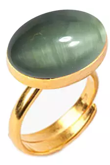 Gold Plated Adjustable Green Cats Eye 3.25 Ratti Stone Ring Oval Shape Cabochon Cut Ring