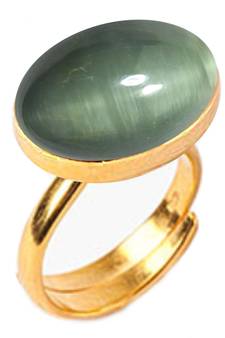 Gold Plated Adjustable Green Cats Eye 5.25 Ratti Stone Ring Oval Shape Cabochon Cut Ring