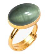 Gold Plated Adjustable Green Cats Eye 5.25 Ratti Stone Ring Oval Shape Cabochon Cut Ring