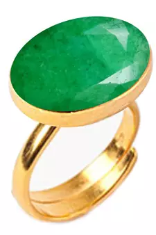 Gold Plated Adjustable Green Emerald 7.25 Ratti Stone Ring Oval Shape Faceted Cut Ring