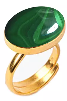 Gold Plated Adjustable Green Malachite 3.25 Ratti Stone Ring Oval Shape Cabochon Cut Ring