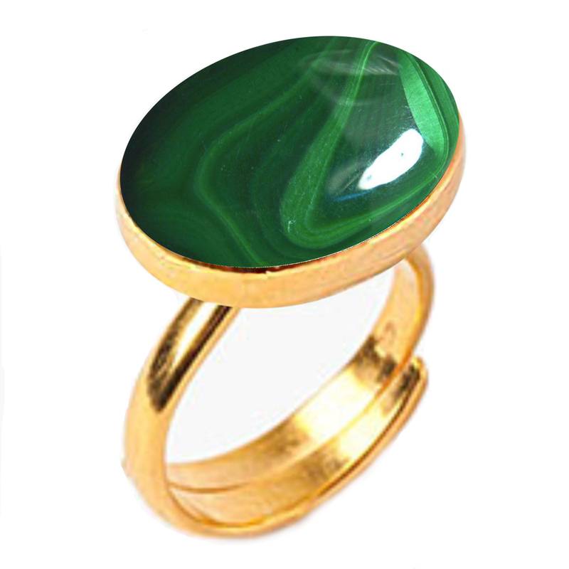 Gold Plated Adjustable Green Malachite 4.25 Ratti Stone Ring Oval Shape Cabochon Cut Ring