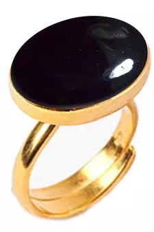 Gold Plated Adjustable Black Onyx 7.25 Ratti Stone Ring Oval Shape Cabochon Cut Ring