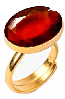 Gold Plated Adjustable Red Hessonite 7.25 Ratti Stone Ring Oval Shape Faceted Cut Ring
