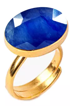 Gold Plated Adjustable Blue Sapphire 8.25 Ratti Stone Ring Oval Shape Faceted Cut Ring