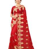 Red embroidered net saree with blouse