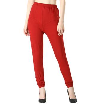 Women Red Solid Churidar Leggings 1