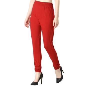 Women Red Solid Churidar Leggings 3