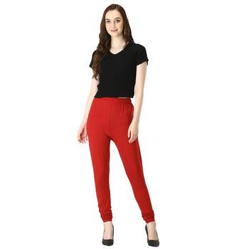 Women Red Solid Churidar Leggings 4
