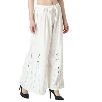 Women White Solid Stone Work Chicken Plazzo/Plazo 2