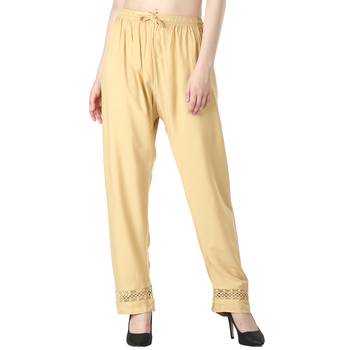Women Cream Solid Elastic Waist With Drowstrig Casual Paijama 1