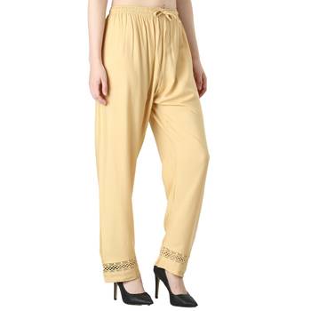 Women Cream Solid Elastic Waist With Drowstrig Casual Paijama 2