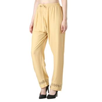 Women Cream Solid Elastic Waist With Drowstrig Casual Paijama 3