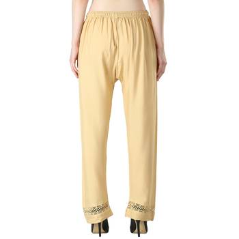 Women Cream Solid Elastic Waist With Drowstrig Casual Paijama 4