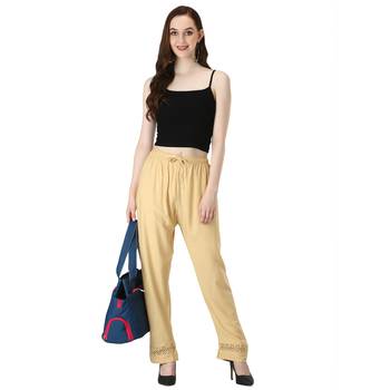 Women Cream Solid Elastic Waist With Drowstrig Casual Paijama 5