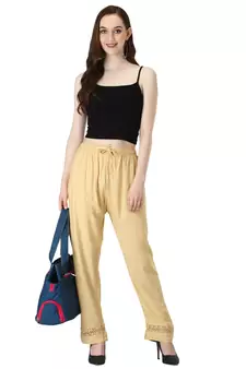 Women Cream Solid Elastic Waist With Drowstrig Casual Paijama