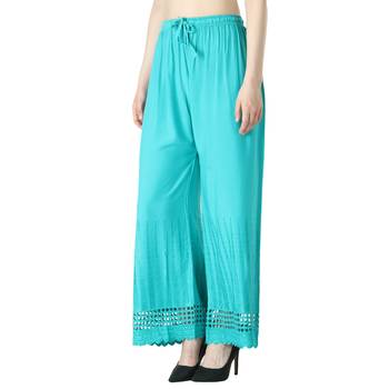 Women Turquoise Drawstring with Lace Bottom Designer Chicken Plazzo/Plazo 3