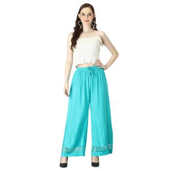 Women Turquoise Drawstring with Lace Bottom Designer Chicken Plazzo/Plazo 5