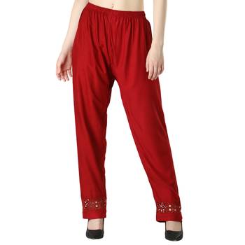 Women Maroon Drawstring with Lace Bottom Designer Chicken Plazzo/Plazo 1