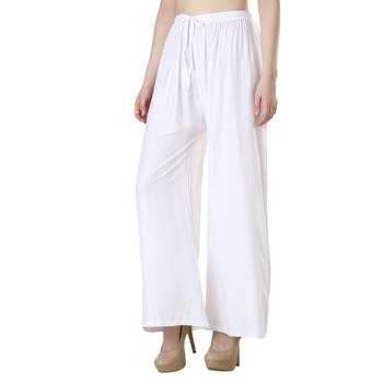 Women White Solid Relaxed Fit Palazzo with Elastic Drawstring 2