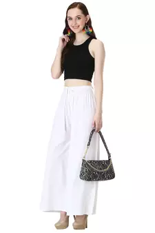 Women White Solid Relaxed Fit Palazzo with Elastic Drawstring