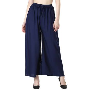 Women Navy Solid Relaxed Fit Palazzo with Elastic Drawstring 1