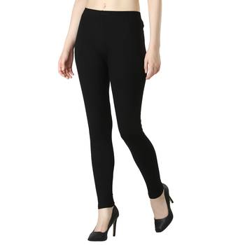 Women Black Solid Elastic Waist Ankle Length Legging 2