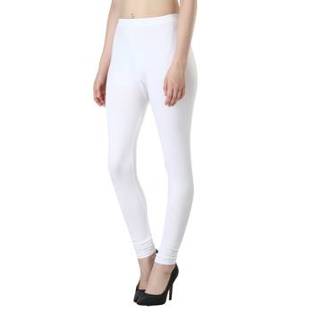 Women White Solid Elastic Waist Ankle Length Legging 2