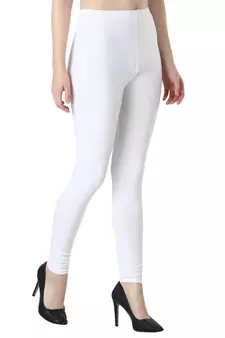 Women White Solid Elastic Waist Ankle Length Legging